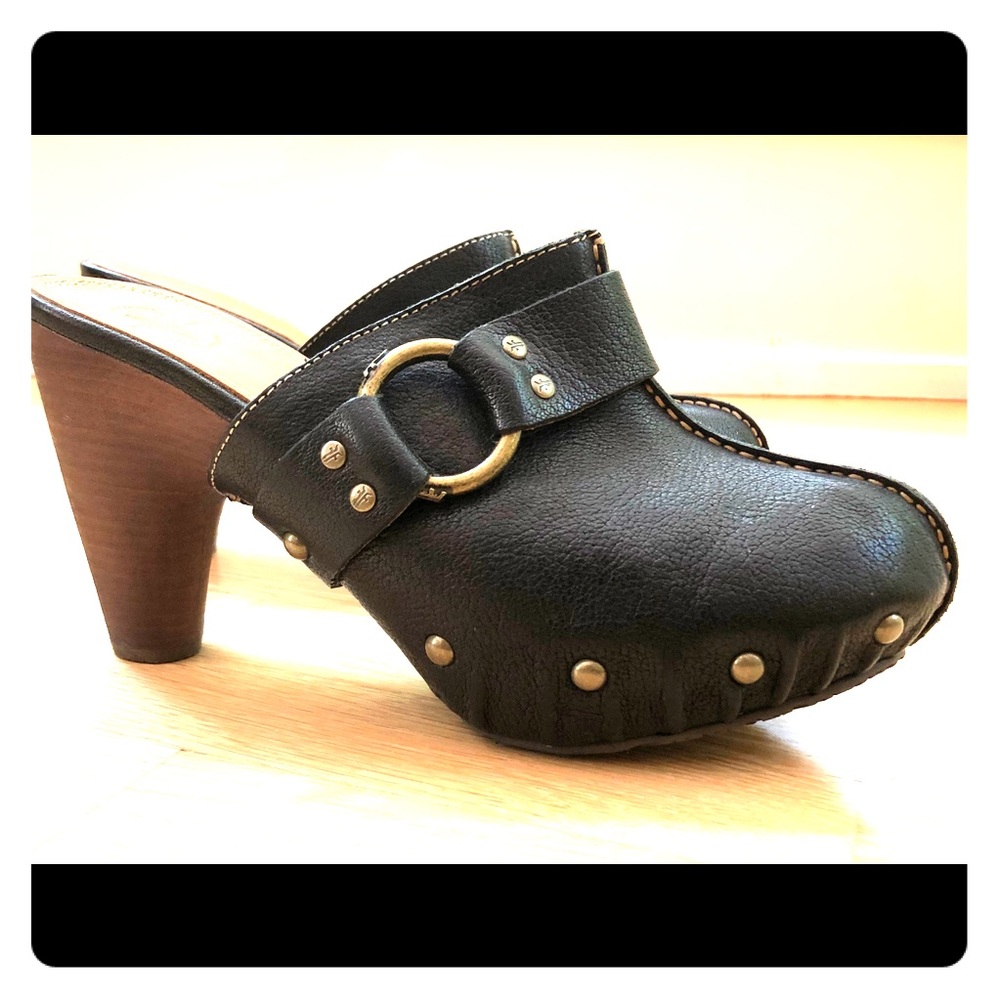 Frye black high heel clogs